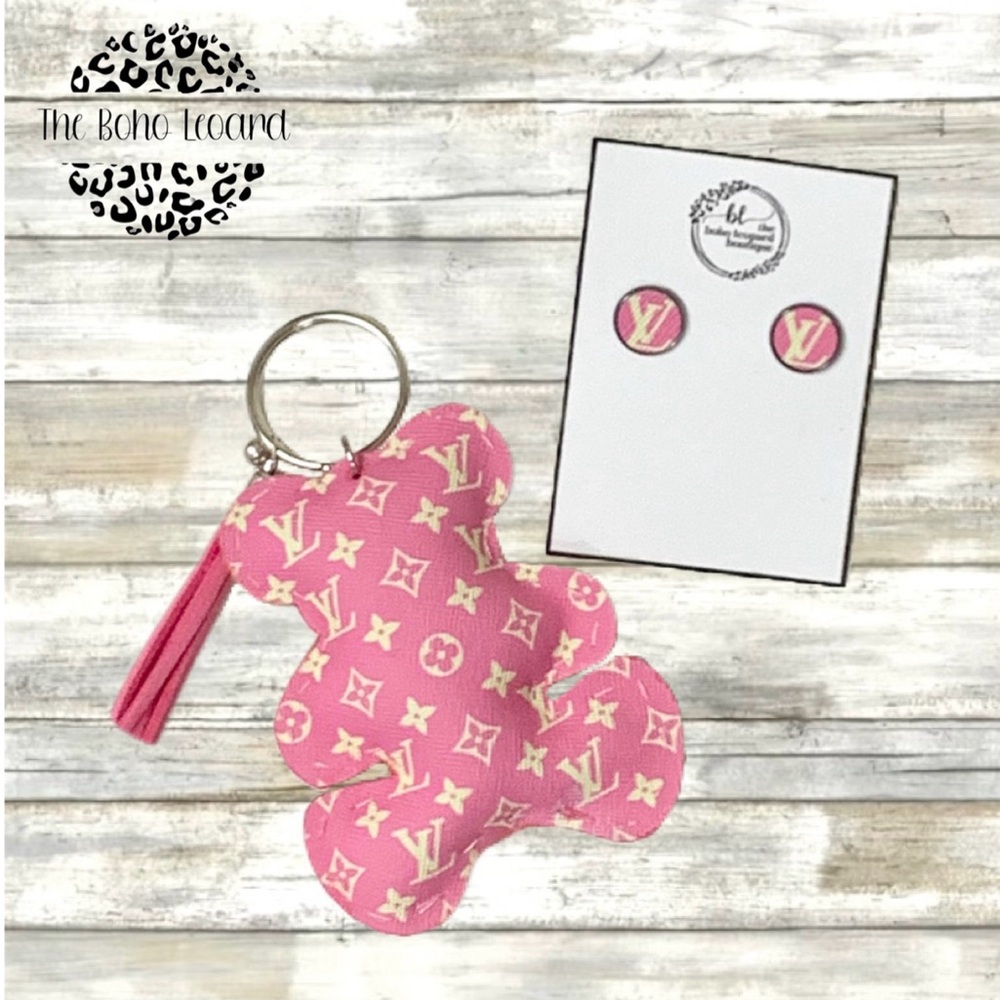 Handmade Faux Leather Teddy Bear Keychain/bag charm with earrings